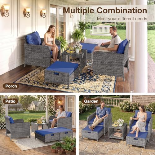 LHBcraft 5 Piece Patio Furniture Set, PE Wicker Outdoor Furniture Set with Soft Cushions & Coffee Table, Outdoor Lounge Chairs with Ottoman for Porch, Lawn, Balcony, Grey-Blue - Image 5