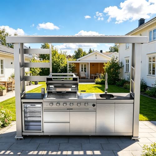 110" Outdoor Kitchen Island with 4-Burner 72000 BTU,Heavy-Duty Propane Grill with Side Burner,Rotisserie Oven,Galvanized Steel Roof,Granite Countertops,Refrigerator,Storage Cabinets,Sink(Propane Gas) by INOTEVERITORY