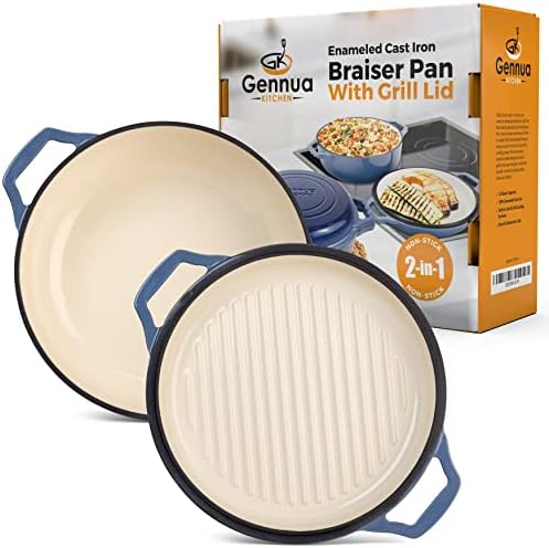 2-in-1 Enameled Cast Iron Braiser Pan with Grill Lid - 3.3-Quart Small Dutch Oven, Serves as Both Casserole & Stovetop Grill Pan, Cast Iron Cookware - Image 2