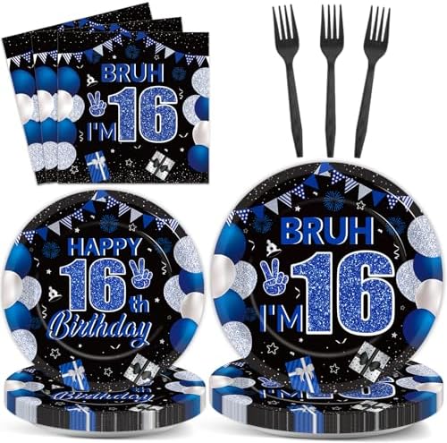 96PCS 16th Birthday Party Paper Plates and Napkins and Forks Set for Blue and Silver Bruh I'm 16 Years Old Party Paper Plates Disposable Decor Happy 16th Parties Set for Teens Birthday Decorations by Oitnlaughter