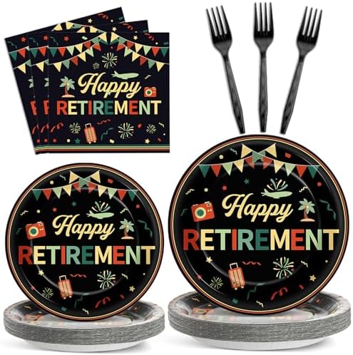 96 PCS Retirement Party Paper Plates Napkins Colorful Vintage Retirement Disposable Party Plates Dinnerware Set Retired Tableware Supplies for Men Women Goodbye Going Away Gatherings Decorations by Oitnlaughter