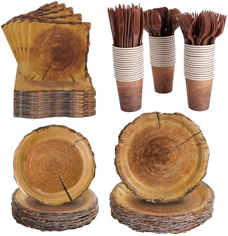 400 Pcs Disposable Rustic Wood Grain Slice Tableware Set for 50 Guests by COSINIA