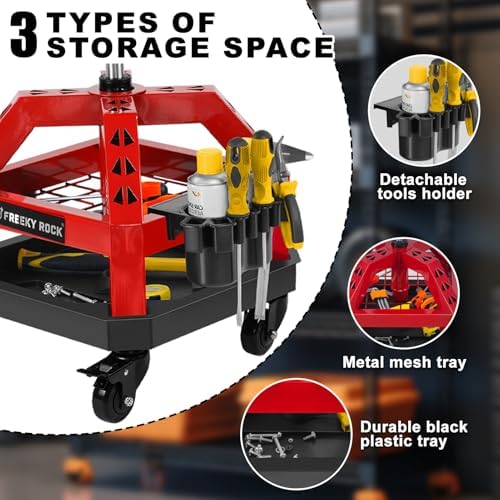 Rolling Shop Stool with Wheels, Heavy Duty Garage Work Mechanic Stool with Backrest, Adjustable Height 360°Swivel Rolling Chair with Tool Tray Storage, 330 LBS Capacity, Red - Image 5