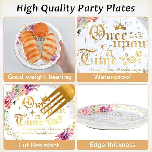 96Pcs Fairytale Princess Plates and Napkins Once Upon a Time Party Tableware Set Plates for Wedding Girl Pink Floral Gold Castle Dinnerware for Birthday Party Baby Shower Decoration Supplies Serve 24 - Image 4