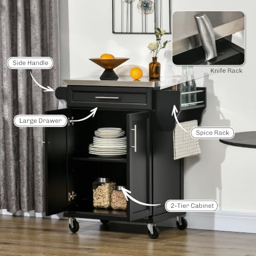 HOMCOM Kitchen Island on Wheels with Stainless Steel Countertop Black - Image 3