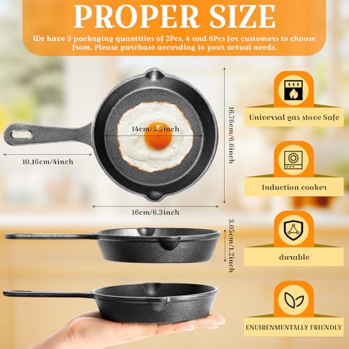 Vesici 6 Pcs Cast Iron Skillet Frying Pans with Drip-spouts Circle Non-stick Frying Skillet Omelette Pan Safe Healthy Cookware for Home Barbecue Kitchen Party Restaurant Catering Service (5.5 Inch) - Image 6