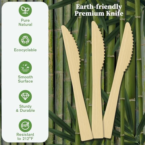 ECOLipak 300 Count Disposable Compostable Bamboo Knives for Party, Dinner - Image 2