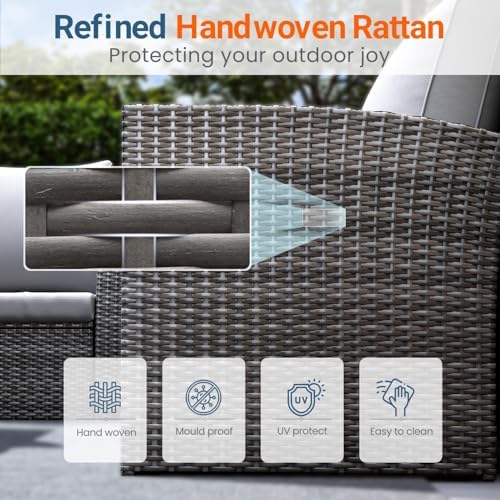 Wisteria Lane 4 Piece Patio Furniture Set, Wicker Outdoor Patio Conversation Furniture Set, All Weather Outdoor Patio Sofa with Cushion and Glass Table, Light Gray - Image 4