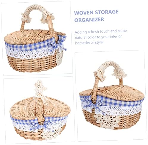 Blue Rattan Picnic Basket with Lid, Woven Storage Hamper for Outdoor - Image 7