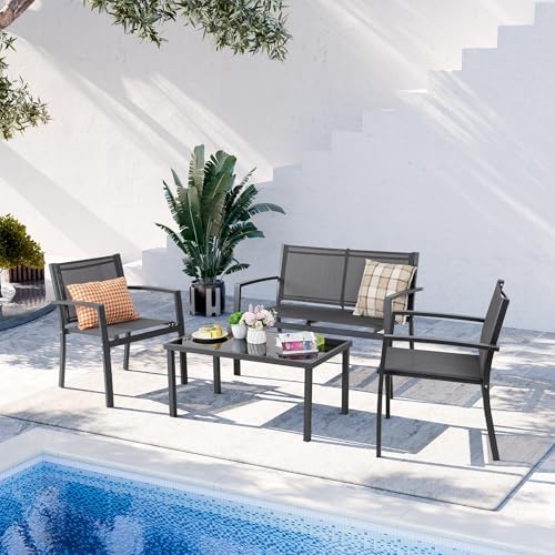 Shintenchi 4 Pieces Patio Furniture Set All Weather Textile Fabric Outdoor Conversation Set, with Glass Coffee Table, Loveseat, 2 Single Chairs for Home, Garden, Lawn, Porch（Gray） - Image 2