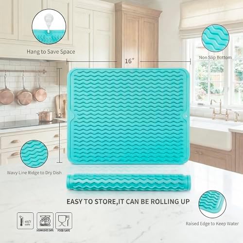 MicoYang Silicone Dish Drying Mat — Quick-Dry Ridges Counter & Sink Pad, Heat-Resistant Trivet to 450°F, Non-Slip & Dishwasher Safe, Roll-Up Storage, 18 Colors & 9 Sizes (Mint, 16"×12") - Image 2
