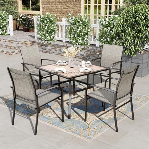 HERA'S HOUSE Patio Dining Set for 4, Wood-Look Metal Table, Brown Chair by HERASHOUSE