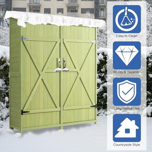 VINGLI Upgraded Outdoor Wooden Storage Shed, Extra Large Garden Shed Outside Tool Cabinet with 2 Safety Latches, Patio Storage Organizer for Garden Yard Lawn Equipment, Light Green - Image 7