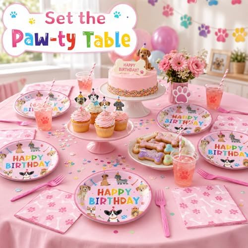 96 Pcs Puppy Birthday Party Decorations Pink Dog Plates and Napkins Dog Paw Party Paper Plates Dinnerware Set Lets Pawty Theme Tableware for Girls Serve 24 Puppy Pet Paw Print Birthday Supplies Pawty - Image 6