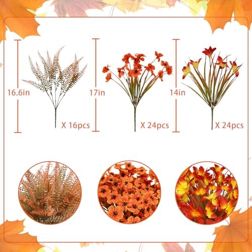 64Pcs Fall Flowers Outdoor Faux Fall Flowers Plants UV Resistant Autumn Artificial Plastic Flowers Greenery Fall Decoration for Outside Home Porch Patio Thanksgiving Decoration - Image 6