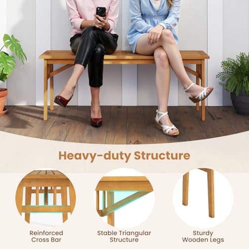 Tangkula 3 Pieces Patio Dining Set, Acacia Wood Space Saving Outdoor Rectangular Picnic Table with 1.97” Umbrella Hole and 2 Benches, for Yard, Garden and Poolside - Image 6