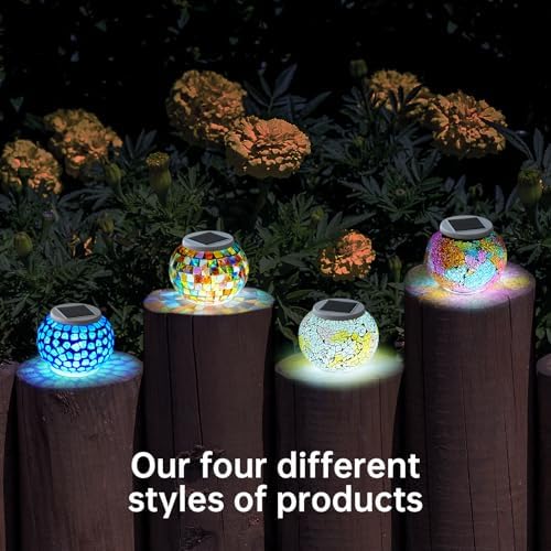 WSgift Color Changing Solar Powered Glass Mosaic Ball Led Garden Lights Rechargeable Outdoor Waterproof Solar Night Lights Table Lamps for Decorations Blue - Image 6