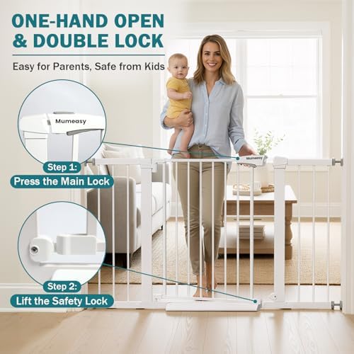 Mumeasy 29.7–48" Baby Gate for Stairs, Dog Gate for Doorways, Auto Close Child Gate, Indoor Safety Pet Gate with Walk Thru Door, Easy Install Pressure Mounted Extra Wide Gate for Kitchen, House,White - Image 4