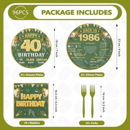 96Pcs Sage Green and Gold 40th Birthday Party Supplies Serves 24 - Image 5