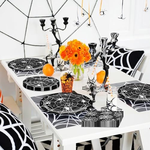 96 Pieces Halloween Spider Web Tableware Set Party Supplies – Disposable Plates, Napkins, and Forks, Black and White Spider Design for Halloween Haunted House Trick or Treat Event, Serves 24 Guests - Image 7
