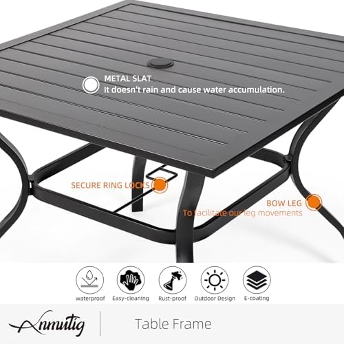 35" Square Metal Patio Dining Table with Slat Top and Umbrella Hole - Black - Image 5