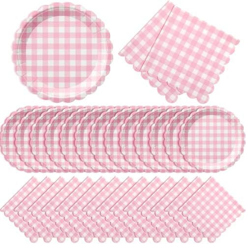 Roshtia 120 Pcs Pink Gingham Plates and Napkins Set, for Girls Baby Shower by Roshtia
