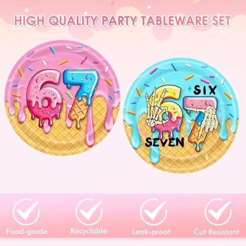 6 7 Birthday Decorations,40Pcs Colorful Donut Ice Cream Theme Six Seven Tableware,Disposable Paper Plates and Napkins Set for Kids Teens Meme Lovers Viral Six Seven Birthday Party Supplies,Serve 20 - Image 3