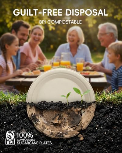 Goodluck 9 Inch Natural Compostable Sugarcane Paper Plates 125 Pack - Image 3