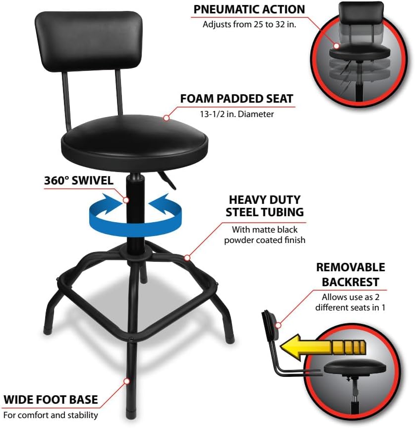 Performance Tool W85016 Pneumatic Shop Stool with Removable Backrest - Image 6