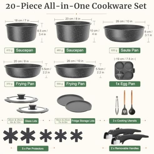 YASHE 20Pcs Nonstick Cookware Set with Detachable Handles, Oven Safe - Image 2