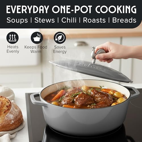 MUELLER HOME 5.5 Quart Enameled Cast Iron Oval Dutch Oven with Rooster Knob & Cotton Potholders, Heavy-Duty Cookware, Oven-Safe up to 500° F & Across All Cooktops, Gifts for Grandma & Women, Gray - Image 6