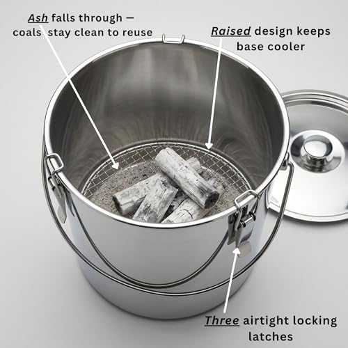 The Bincho Grill Charcoal Saver – Extinguishing Bucket (Keshizumi) for Hot Charcoal and Ash Collection, Heavy Duty Stainless Steel with Lockable Lid, 3 Gallon Capacity - Image 2