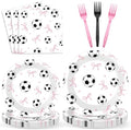 96PCS Soccer and Bow Party Paper Plates and Napkins for Sports Themed Party Dessert Cake Plates Disposable Decor Pink Bow Soccer Birthday Parties Set for Boys Girls Birthday Gatherings Decorations by Oitnlaughter