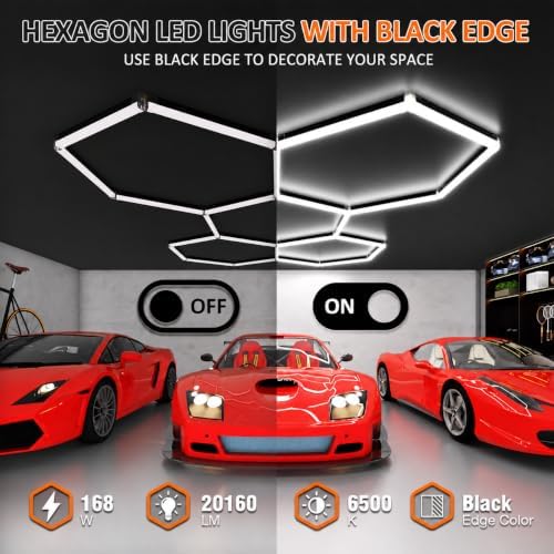 Black Hexagon Garage Lights 5 Hex, 6500K 20160 LM Super Bright Honeycomb LED Garage Ceiling Lights, Premium Car Detailing Lighting for Garage, Workshop, Gym, Barber Shop, Basement - Image 3