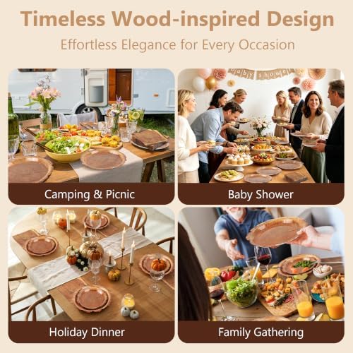 Kochorie 150 Pieces Wood Grain Slice Tableware Set Disposable Paper Plates and Napkins Rustic Wood Party Decorations for Camping Baby Shower Hunting Lumberjack Birthday Party Supplies - Image 5