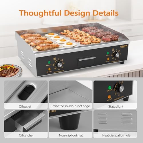 ROVSUN 26" Electric Griddle, Electric Countertop Half Flat Top Griddle, 3200W Grill Stainless Steel with Adjustable Temperature Control 122°F-572°F for Commercial Home Restaurant, Plug - Image 4