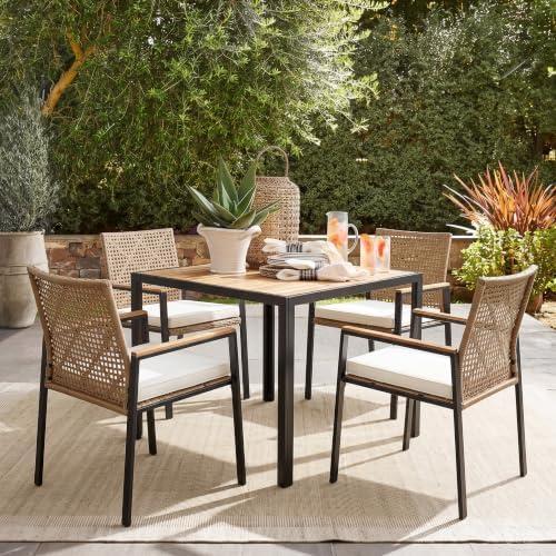 5-Piece Patio Dining Set for 4, Outdoor Dining Set with 4 Wicker Patio Dining Chairs with Cushions & Acacia Wood Square Dining Table with 1.75" Market Umbrella Hole, Yellow & White by Andehomy