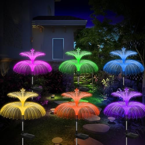 Weepong Solar Garden Lights 6 Pack New Upgraded Solar Lights Outdoor Waterproof 7 Color Changing Double Jellyfish and Star Flower Garden Decor Yard Lawn Christmas Decorations, Gifts for Women Mom by Weepong