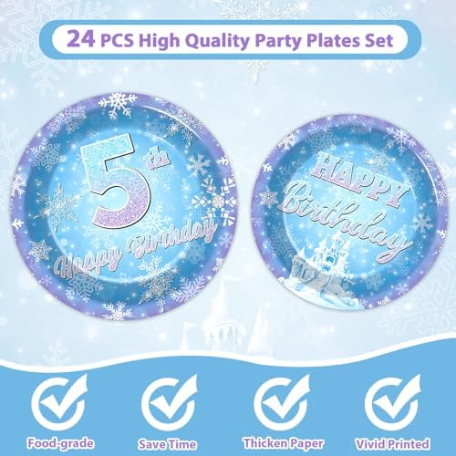 Snowflake Winter Wonderland 5th Birthday Paper Plates Napkins Forks Disposable Dinnerware Happy 5th Birthday Blue and Purple Winter Snowflake Tableware for Kids Christmas onderland Party Decorations - Image 3