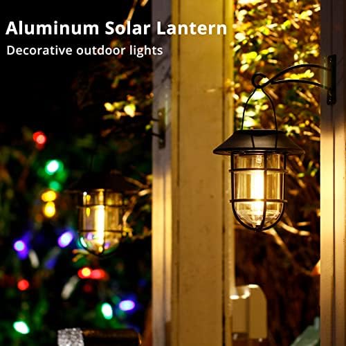 Solar Lantern Hanging Solar Lights Outdoor, Waterproof Metal Wall Lantern with Hooks, Outdoor Wall Lights for Porch, Patio Yard Garden Decor, No Wiring Required, 2 Pack - Image 2