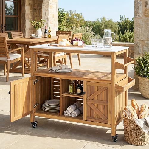 Christopher Knight Home Shina Outdoor Bar Cart with Marble-Effect Top + Lockable Wheels, Acacia Wood Outdoor Storage Cabinet with Open Shelves and 2 Doors, Kitchen Island Serving Cart, Natural - Image 3