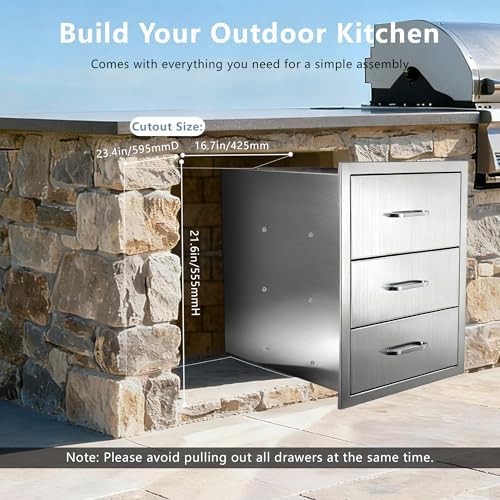 Outdoor Kitchen Drawers, 3-Drawer Stainless Steel Flush-Mount BBQ Drawer Cabinet with Full-Extension Slides, 18 in. W x 23 in. H x 23 in. D, for BBQ Island, Grill Station and Patio Kitchen - Image 4