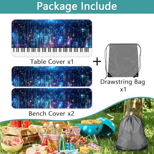 Piano Keyboard Picnic Table Cover with Bench Covers, Camping Essentials, Music Themed Waterproof Windproof, Fitted Tablecloth Cover with Elastic Edge, for Outdoor, Garden, 3 PCS, 30x96 Inch - Image 6