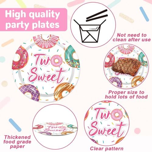 ZOIIWA 98 Pieces Two Sweet Donut Birthday Party Supplies for 24 Guests Girls Donut Tableware Set Baby Girl 2nd Birthday Paper Plates Napkins Tablecloth Decorations Table Cover Dinnerware Party Favors - Image 3