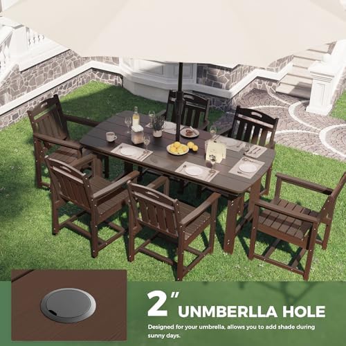 HDPE Outdoor Patio Dining Table with 2" Umbrella Hole, Brown - Image 6