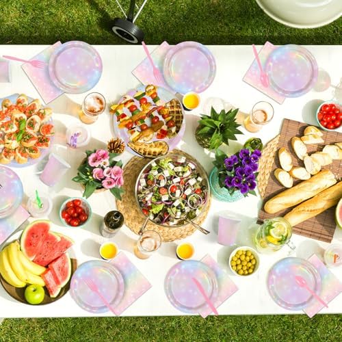 168Pcs Pink Pastel Rainbow Party Decorations Pink Iridescent Plates and Napkins Cups Tableware Sets Rainbow Party Decorations for Rainbow on Cloud 9 Birthday Weddings Baby Shower Supplies Serves 24 - Image 5