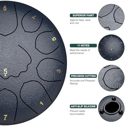 Rain Drum for Outside Garden, 8 Inches 11 Notes Steel Tongue Drum, Waterproof Meditation Rain Chime, Musical Instruments for Adult Gift with Bag, Music Book, Mallets (Navy Blue) - Image 3