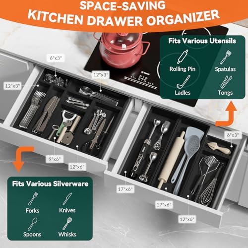 Lixple Bamboo Kitchen Drawer Organizer, 2 Pack, 12" x 3" x 2", Black - Image 3