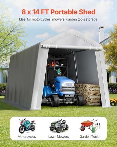VEVOR Outdoor Storage Shed, 8 x 14 ft Portable Storage Tent with Roll-up Door & Vents, Waterproof Canopy Shed Shelter, Heavy Duty Frame, Patio Garage Carport for Motorcycle, Lawn Mower, Bike, Grey - Image 2