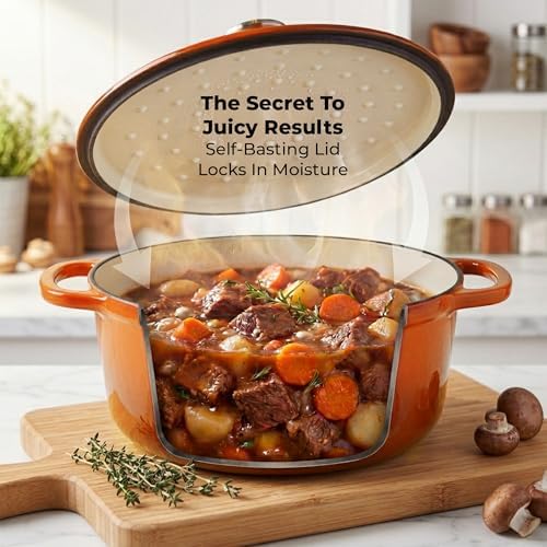Zulay Kitchen 5 Quart Enameled Cast Iron Dutch Oven Pot with Lid – Premium Durability & Oven Safe up to 500°F – Heavy Duty Cookware Perfect for Bread Baking, Stews, Braising & Roasting – Orange - Image 4